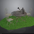Outdoor Furniture Set With Round Table Four Chairs And Watering Can On Green Lawn