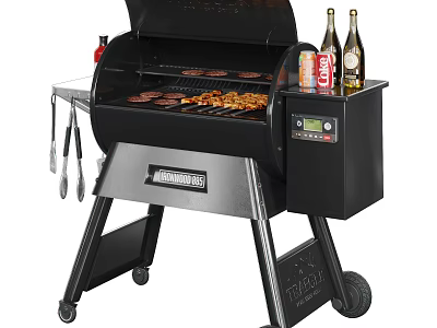 Black Outdoor Grill With Grilled Food Bottles And Hanging Tools Setup 3d model