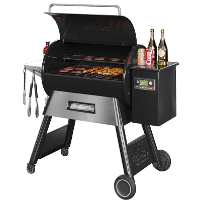 Black Outdoor Grill With Grilled Food Bottles And Hanging Tools Setup 3d model