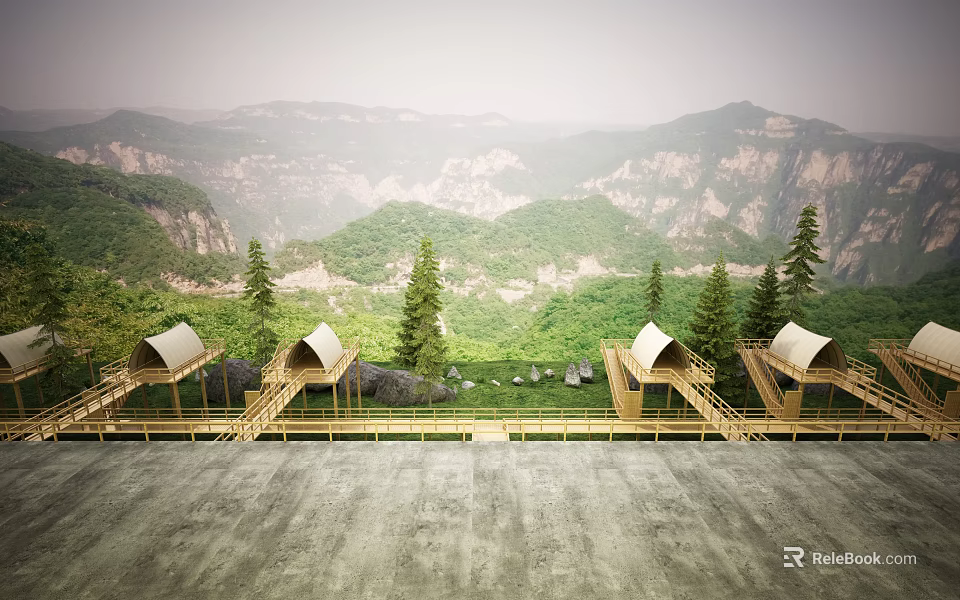 Scenic Mountain Homestay Architecture With Wooden Structure And Lush Green Forest 3d model 