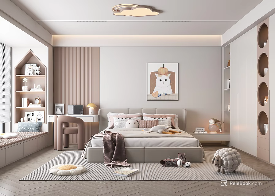 Kids Room Interior With Cozy Bed Study Desk Decorative Painting And Soft Carpet 3d model 