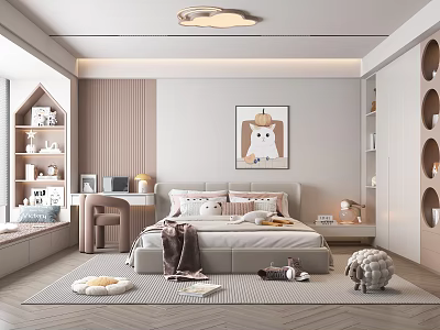 Kids Room Interior With Cozy Bed Study Desk Decorative Painting And Soft Carpet 3d model