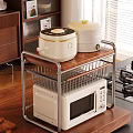 Metal Frame Wooden Top Storage Shelf with White Pots Microwave Wire Basket Jars Spices in Kitchen