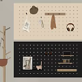 Pegboard Wall Decor With White Black Panels Hanging Hats Bags Headphones And Storage Shelves