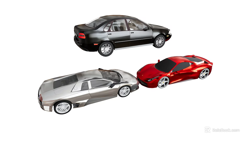 Assorted Cars Display Featuring Black Sedan Silver And Red Sports Cars 3d model 