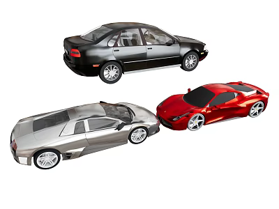 Assorted Cars Display Featuring Black Sedan Silver And Red Sports Cars 3d model