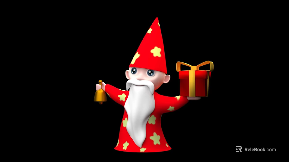 Christmas Decorative Figurine Set with Red Star Outfit Pointed Hat Gold Bell and Gift Box 3d model 