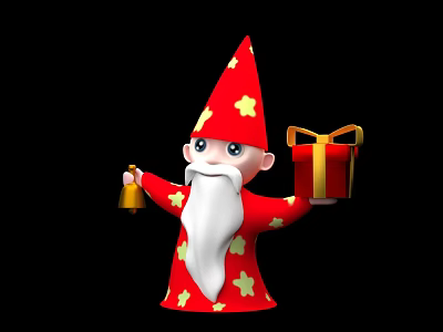 Christmas Decorative Figurine Set with Red Star Outfit Pointed Hat Gold Bell and Gift Box 3d model