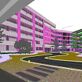 Modern Multi Story School Building With Courtyard Greenery And Students Playing