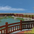 Park Landscape With Lotus Pond Walking Path Railing And Greenery Under Blue Sky