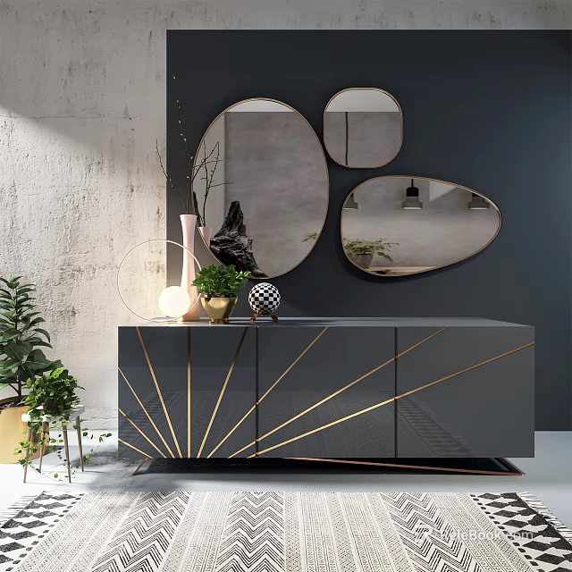 Modern Entryway Console Cabinet with Golden Stripes and Oval Mirrors Potted Plants and Vase 3d model 