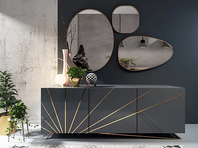 Modern Entryway Console Cabinet with Golden Stripes and Oval Mirrors Potted Plants and Vase 3d model
