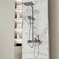 Elegant Wall Mounted Shower with Marble Backdrop and Shelves for Towels and Toiletries