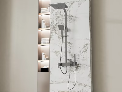Elegant Wall Mounted Shower with Marble Backdrop and Shelves for Towels and Toiletries 3d model