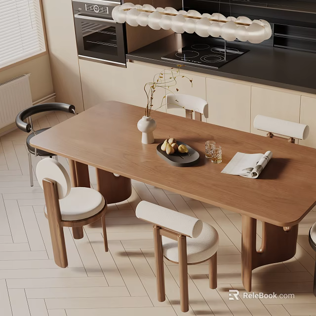 Modern Wooden Dining Table Set With White Padded Chairs Vase Fruit Plate Glass And Newspaper 3d model 