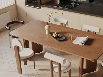 Modern Wooden Dining Table Set With White Padded Chairs Vase Fruit Plate Glass And Newspaper 3d model