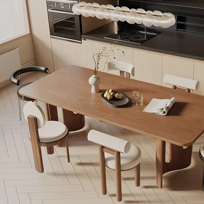 Modern Wooden Dining Table Set With White Padded Chairs Vase Fruit Plate Glass And Newspaper 3d model