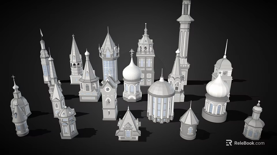 Cartoon Scenery With Various Tower Structures Featuring Pointed Domes And Spires 3d model