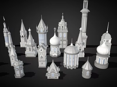 Cartoon Scenery With Various Tower Structures Featuring Pointed Domes And Spires 3d model