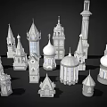 Cartoon Scenery With Various Tower Structures Featuring Pointed Domes And Spires 3d model