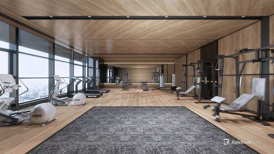 Modern Fitness Gym With Various Workout Equipment And Spacious Wooden Interior 3d model 