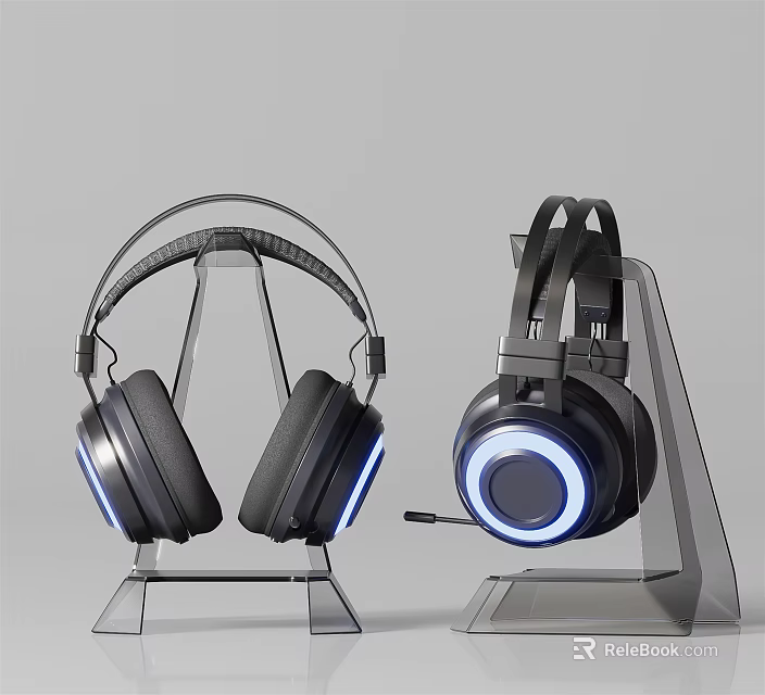 Modern Gaming Headphones with Blue LED Light on Transparent Stand and Built-in Mic 3d model 