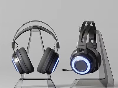 Modern Gaming Headphones with Blue LED Light on Transparent Stand and Built-in Mic 3d model