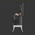 Vintage Kitchen Stove With Red Kettle On Countertop And Metal Burners