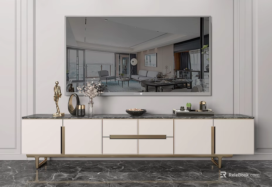 Modern TV Stand With White Cabinet Marble Top And Gold Metal Decorative Items 3d model 