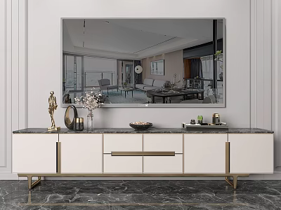 Modern TV Stand With White Cabinet Marble Top And Gold Metal Decorative Items 3d model