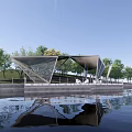 Modern Geometric Pergola with Sloped Roof Along Waterfront Pathway and Trees