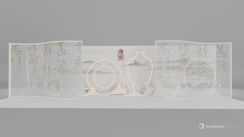 Traditional Chinese Art Installation With Transparent Screens Calligraphy Characters Ceramic Vases And Landscape Patterns 3d model 