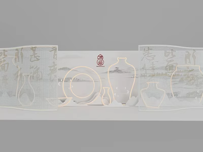Traditional Chinese Art Installation With Transparent Screens Calligraphy Characters Ceramic Vases And Landscape Patterns 3d model
