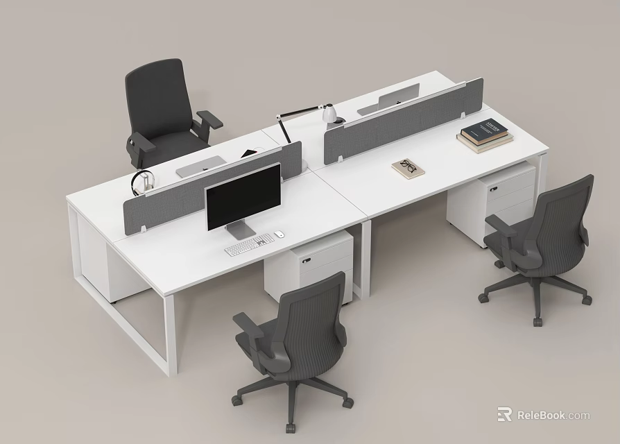 Modern White Office Desk With Partition Computer Monitor Desk Lamp Phone And Black Office Chairs 3d model 