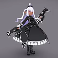 Anime Style Woman With White Hair Twin Ponytails In Black Dress Holding Two Guns