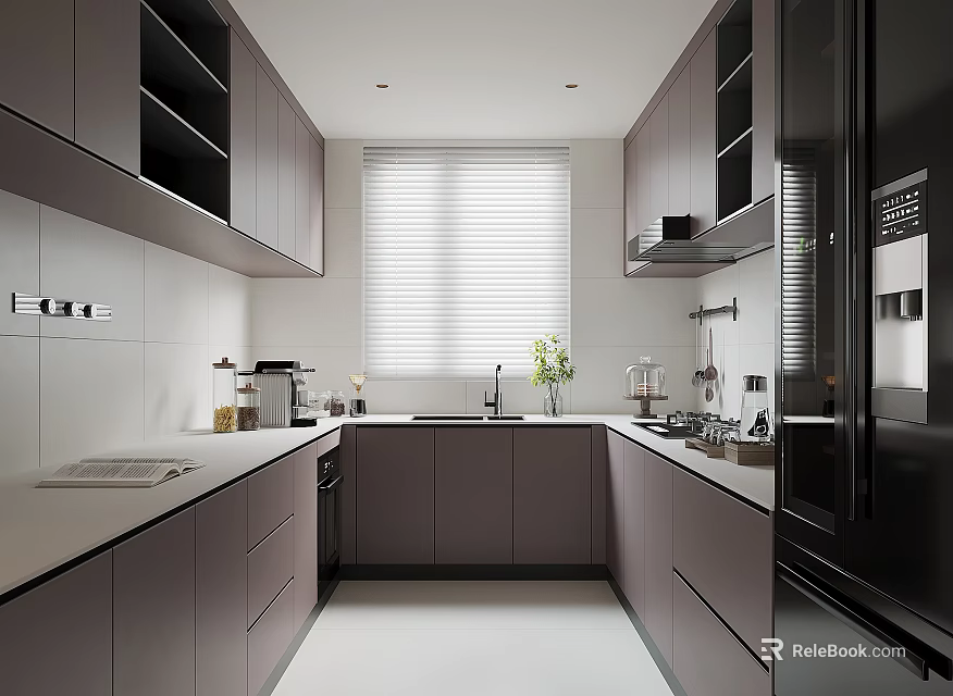 Modern Open Kitchen Interior With Gray Cabinets White Countertops Window Blinds And Appliances 3d model 