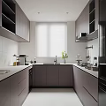Modern Open Kitchen Interior With Gray Cabinets White Countertops Window Blinds And Appliances