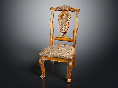 Vintage Wooden Leisure Chair With Ornate Carved Backrest And Patterned Upholstery Seat 3d model