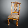 Vintage Wooden Leisure Chair With Ornate Carved Backrest And Patterned Upholstery Seat