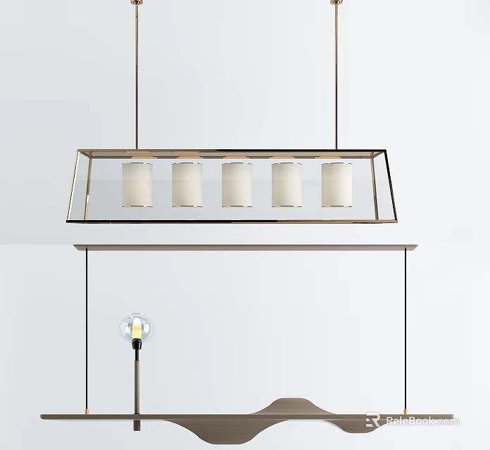 Modern Rectangular Chandelier With Five White Shades And Metal Frame Design 3d model