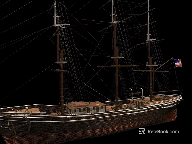 Detailed Wooden Sailing Ship with Multiple Masts and American Flag on Deck 3d model 