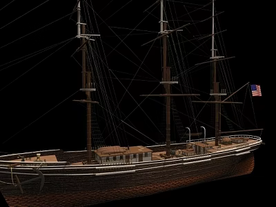 Detailed Wooden Sailing Ship with Multiple Masts and American Flag on Deck 3d model