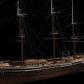 Detailed Wooden Sailing Ship with Multiple Masts and American Flag on Deck