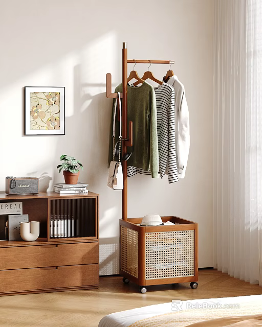 Wooden Clothes Hanger with Hanging Green Shirt Striped Top White Jacket Wicker Basket And Hat 3d model 