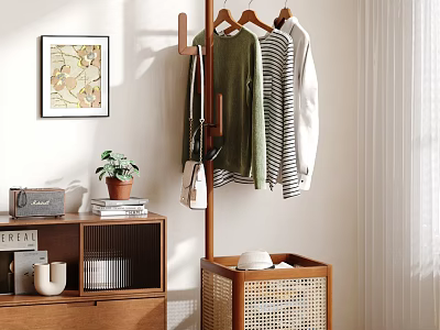 Wooden Clothes Hanger with Hanging Green Shirt Striped Top White Jacket Wicker Basket And Hat 3d model