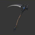 Ornate Fantasy Weapon Scythe With Curved Blade Blue Gemstone And Brown Handle