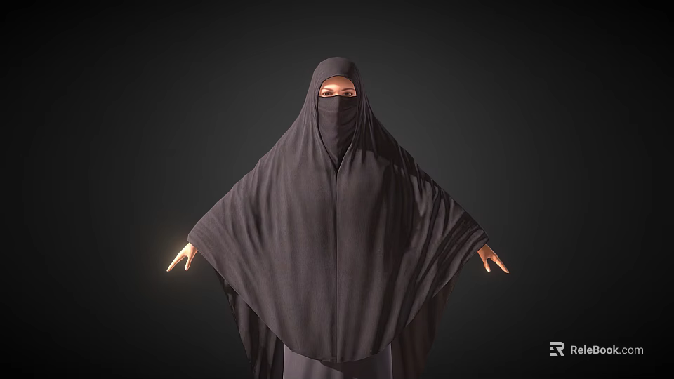 Woman in Black Abaya with Flowing Fabric and Outstretched Hands Against Dark Background 3d model 