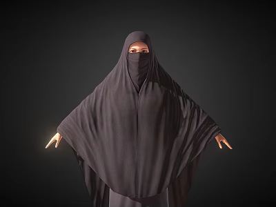 Woman in Black Abaya with Flowing Fabric and Outstretched Hands Against Dark Background 3d model