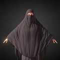 Woman in Black Abaya with Flowing Fabric and Outstretched Hands Against Dark Background