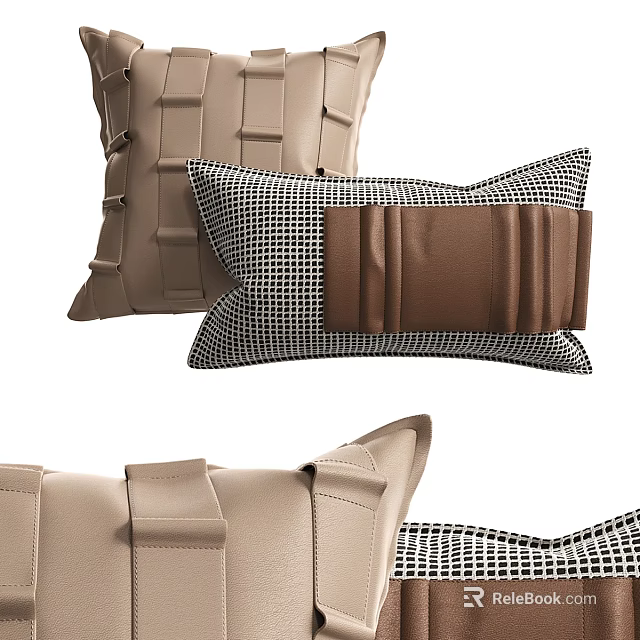 Modern Decorative Throw Pillows With Brown Leather Accents And Black White Checkered Design 3d model 